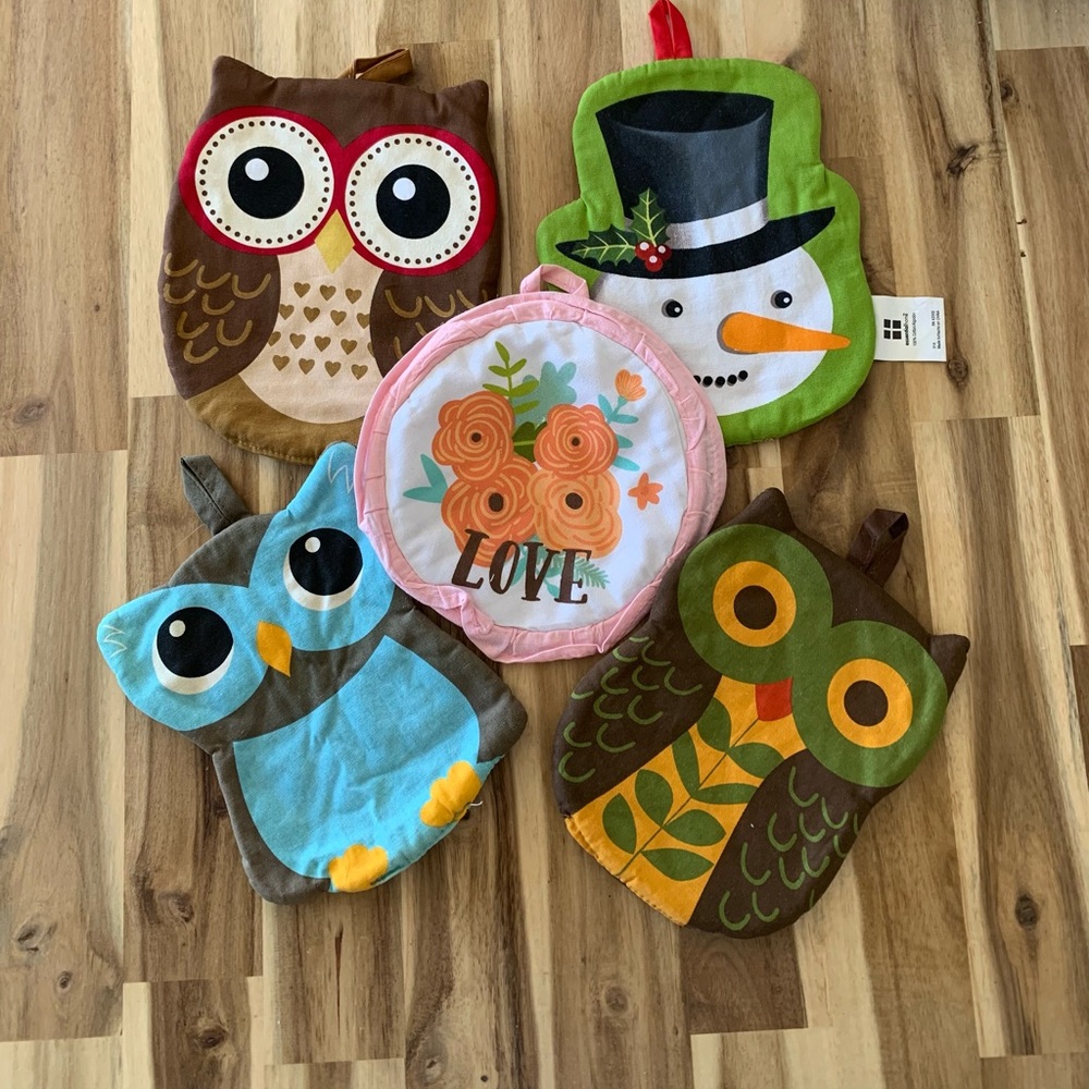 Quilted cotton hot pad 5 pack set pot holder new without tags Owl Flower Snowman